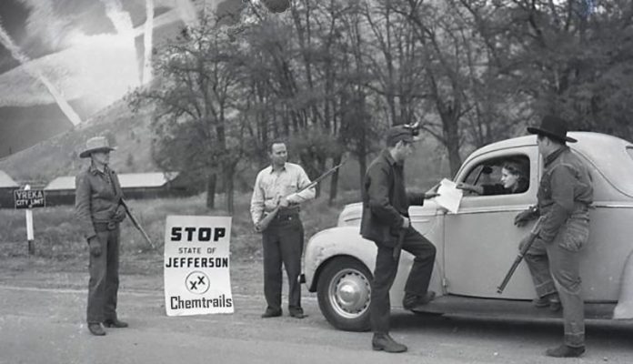 State of Jefferson supporters seen in a file photo from 1941 searching for Chemtrail chemicals