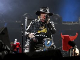 Axl Rose seen here restrained in a chair giving a phenomenal performance in Lisbon, Portugal.