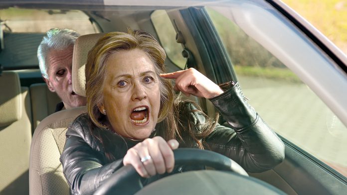 Hillary Clinton , apparently succumbing to road-rage, as run-over a Fake News writer.