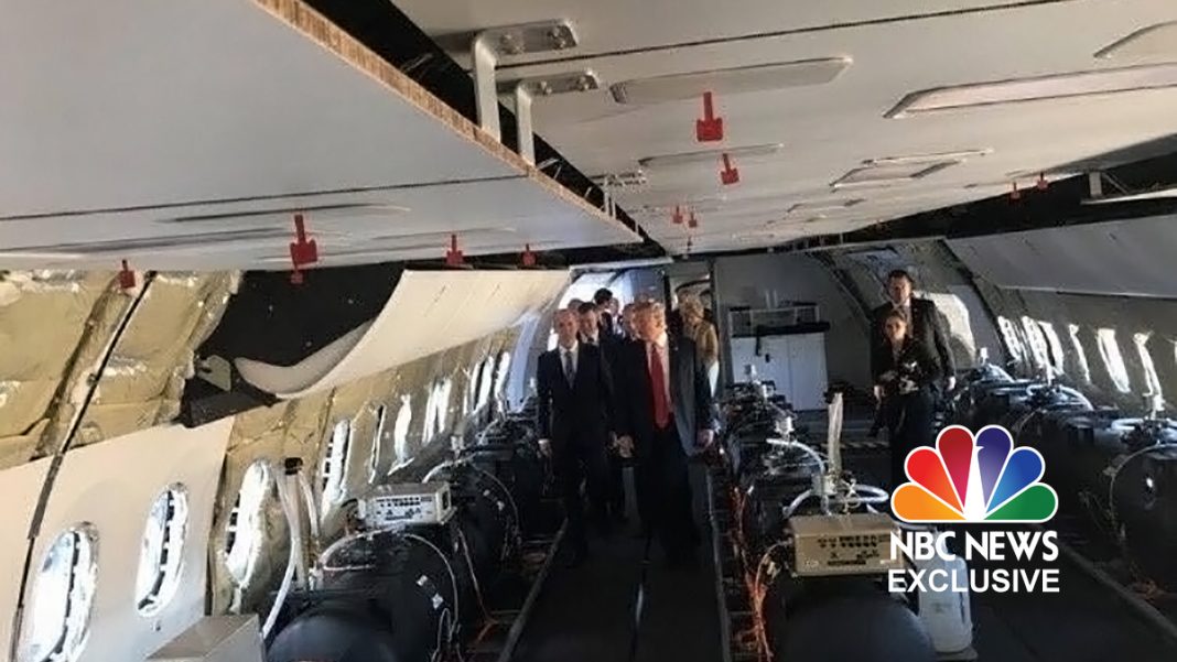 President Donald Trump seen here touring a Boeing 767 airplane outfitted with chemtrail gear.