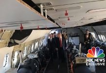 President Donald Trump seen here touring a Boeing 767 airplane outfitted with chemtrail gear.