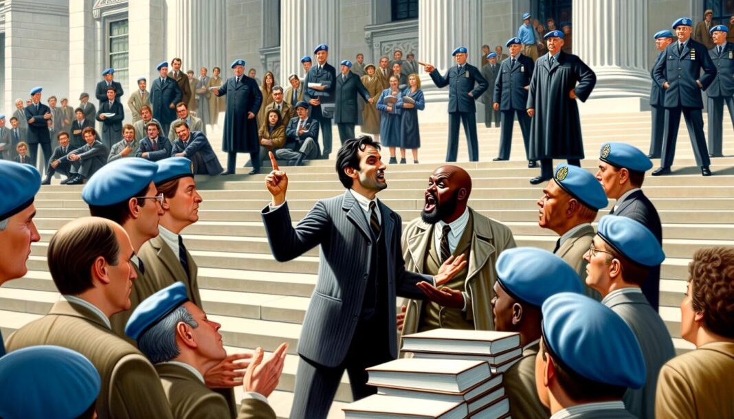 A Moment of Philosophical Passion: An Agnostic and Atheist Engage in Heated Debate, as UN 'Indifference' Peacekeepers Step In, on the Steps of the New York Public Library.