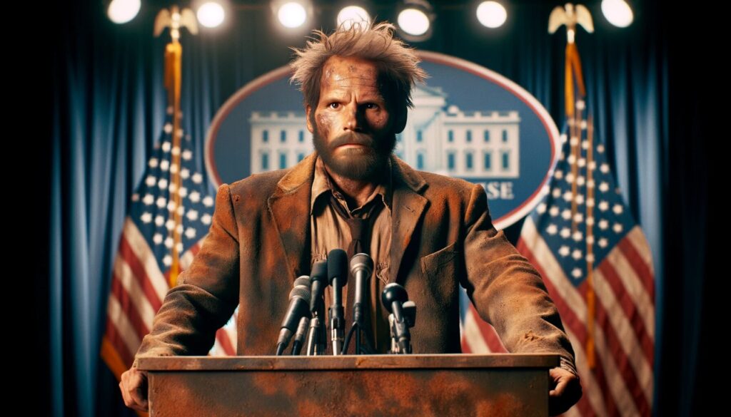 Rusty Fields, a figure of controversy and defiance, stands resolute at a political rally. Behind a stark, unadorned podium, his rugged appearance and defiant gaze embody his unconventional path from fugitive to presidential candidate. In the background, a few flags flutter, mirroring the charged and chaotic atmosphere, where disbelief and fervor collide among the crowd.