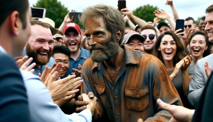 Amidst the post-rally buzz, Rusty Fields, embodying both grit and charisma, connects with his supporters. His weathered appearance contrasts sharply with the warmth of his engagement as he shakes hands, sharing moments of camaraderie. The scene is alive with the energy of the crowd, their faces alight with admiration and excitement, capturing the unique and fervent spirit of Fields' unconventional campaign.