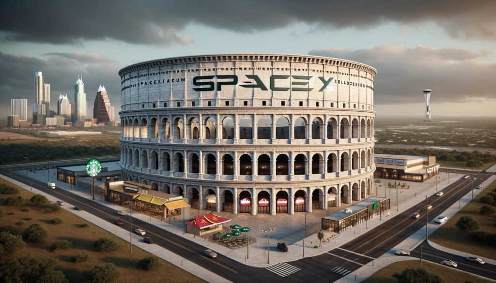 An artist's rendition of what the Colosseum will look like in Austin, Texas, reimagined as the 'SpaceX Coliseum', blending ancient grandeur with modern innovation.
