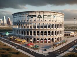 An artist's rendition of what the Colosseum will look like in Austin, Texas, reimagined as the 'SpaceX Coliseum', blending ancient grandeur with modern innovation.