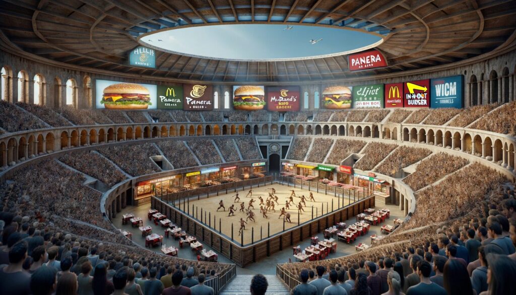 An artist's rendition of the Roman Colosseum reimagined as a modern sports complex in Austin, Texas, featuring popular fast food chains and a lively gladiator fight, combining ancient grandeur with contemporary American culture.