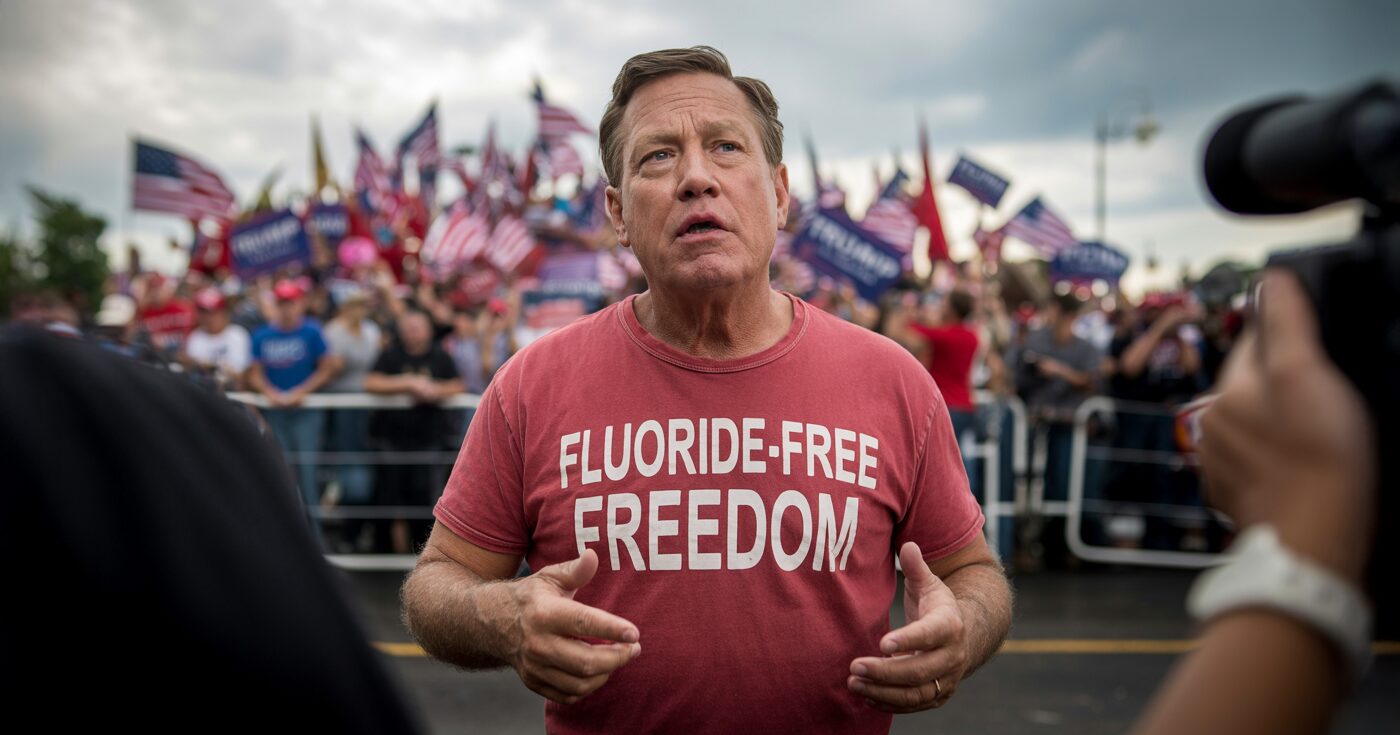 Bubba Thompson speaks passionately to reporters outside a political rally, proudly wearing his “Fluoride-Free Freedom” T-shirt and crediting ivermectin toothpaste for his independent thinking and partial dental loss.