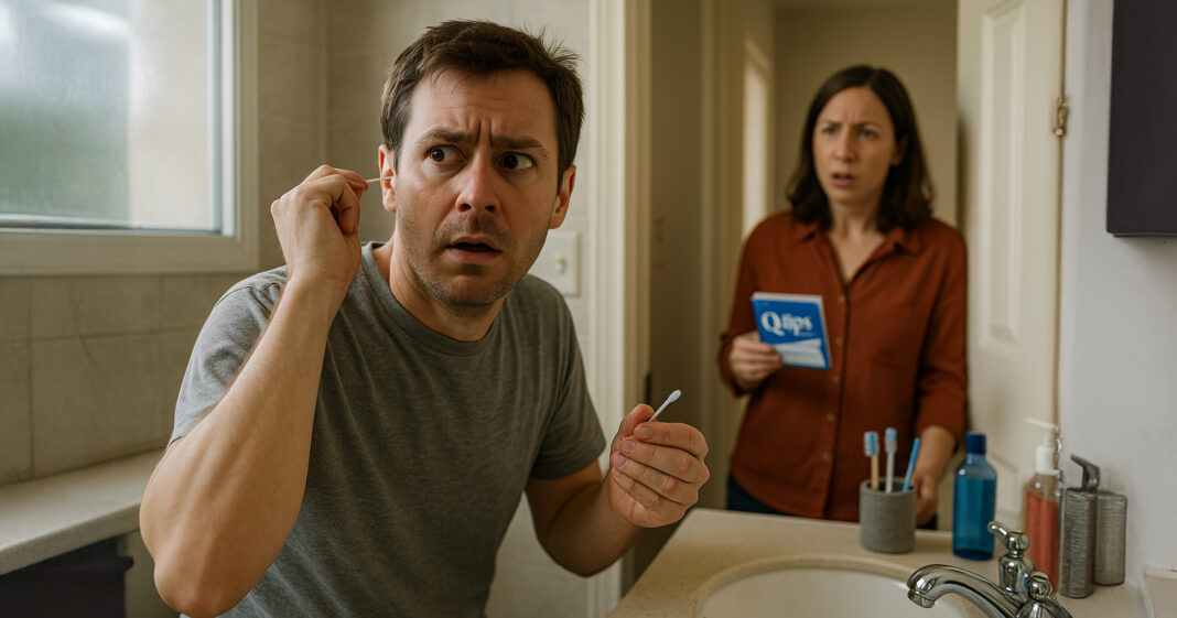 Caught red-handed: Area man attempts illicit ear-cleaning while wife cites Q-tip disclaimer like it’s a federal statute. “It says RIGHT HERE not to do that!” she allegedly screamed.