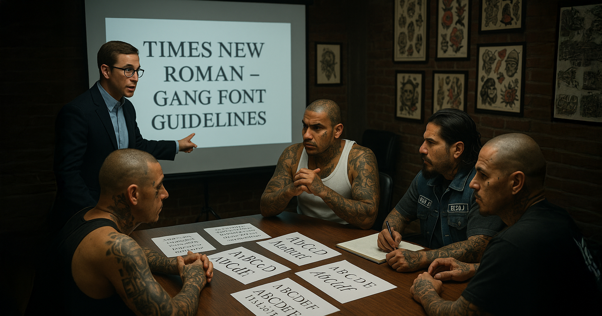 Gangland rebranding in progress: A graphic consultant briefs MS-13 members on proper serif usage during the historic Times New Roman standardization rollout.
