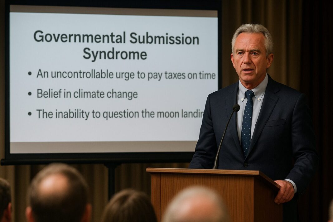 Health and Human Services Secretary RFK Jr. unveils his controversial "Governmental Submission Syndrome" theory, presenting a slide that warns of fluoride-induced trust in NASA, tax compliance, and climate awareness.