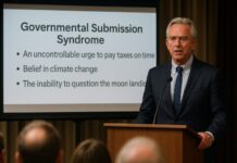 Health and Human Services Secretary RFK Jr. unveils his controversial "Governmental Submission Syndrome" theory, presenting a slide that warns of fluoride-induced trust in NASA, tax compliance, and climate awareness.