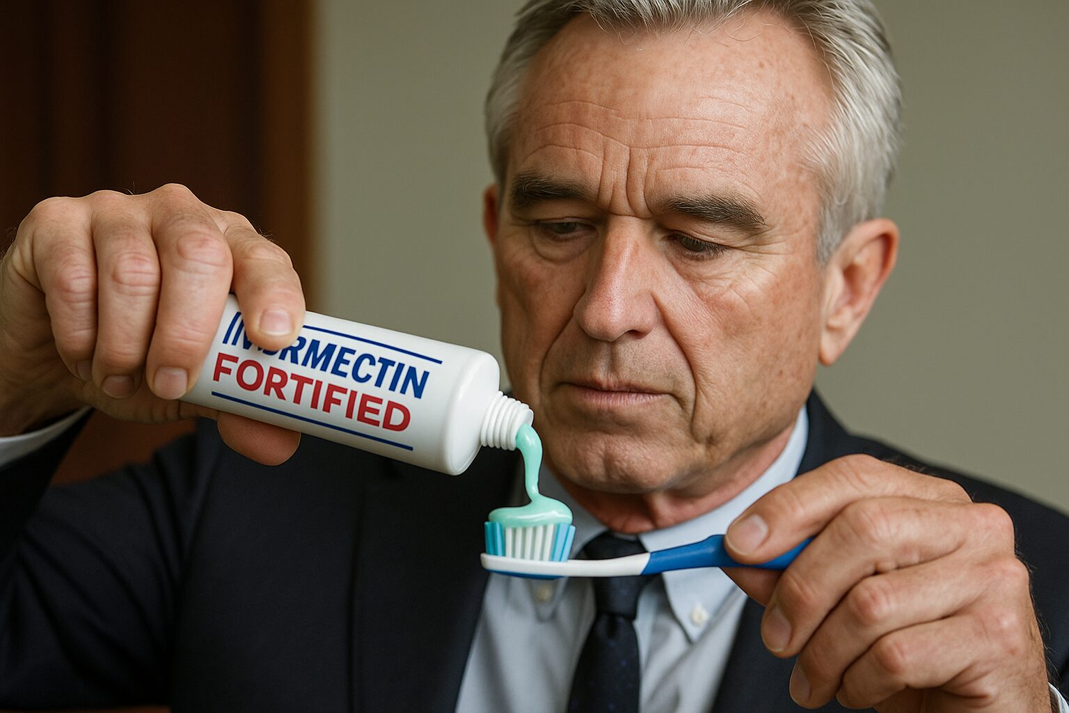 RFK Jr. demonstrates how to apply his newly endorsed ivermectin-fortified toothpaste, calling it a “minty first step toward cognitive independence.”